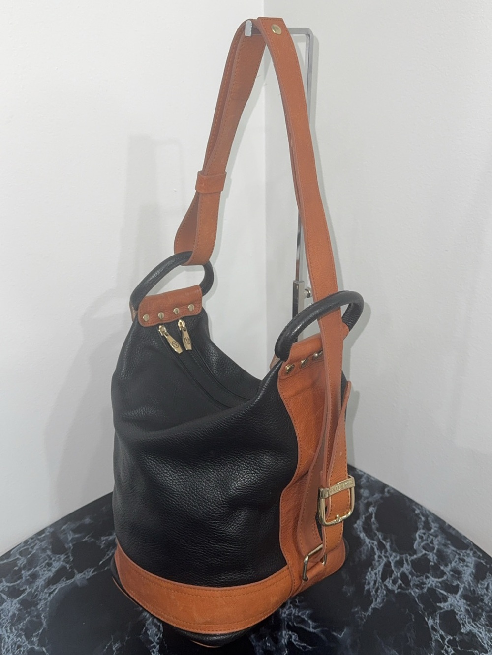 Valentina Pebbled Genuine Leather Black Bucket Sling Bag Backpack AUTHENTIC - Picture 12 of 15